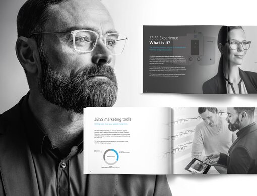 Mann mit Brille von ZEISS daneben das Brandbook von ZEISS 